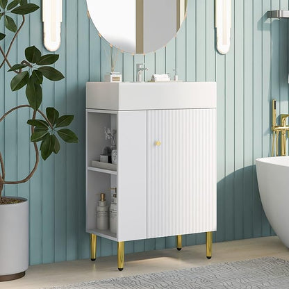 21.6 in Small Bathroom Vanity with Sink,Doors and Storage Shelves,Wood Modern Single Fluted Bathroom Sink Cabinet Freestanding (White,Left Shelf)