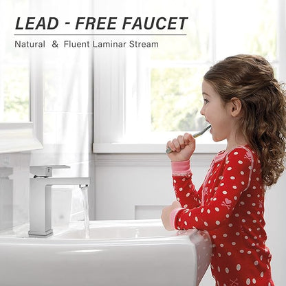 Brushed Nickel Bathroom Faucet for 1 Hole, CEC & cUPC Certified Lead-Free Solid Brass Vanity Faucet for Bathroom Sink with Pop Up Drain Stopper & Water Supply Hoses