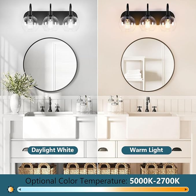 Bathroom Vanity Light,Modern 3-Light Bathroom Lighting Fixtures Over Mirror with Clear Glass Shade and Metal Base,Matte Black Bathroom Lighting
