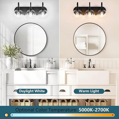 Bathroom Vanity Light,Modern 3-Light Bathroom Lighting Fixtures Over Mirror with Clear Glass Shade and Metal Base,Matte Black Bathroom Lighting
