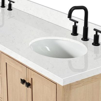 ARIEL Cambridge 72-inch Bathroom Vanity with Sink,Solid Wood, 1.5-inch Carrara White Quartz Countertop & Backsplash, Double Oval Porcelain Sink, 4 Soft Closing Doors, 6 Dovetail Drawers, White Oak