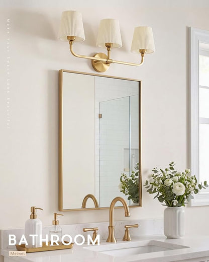 3-Light Gold Bathroom Vanity Light, Beige Pleated Fabric Shade | 25" 3-light gold double wall sconce with beige pleated fabric shades, E26 bulbs, hardwired, upward only, VL837-BG-Z-B-3