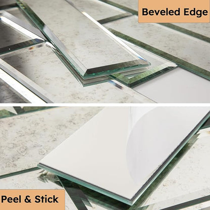 Peel and Stick Mirror Backsplash, Light Antique, 3x10 Inch, Beveled Mirror Subway Kitchen Bar Wall Tile (5 Sq.ft, 24 Pcs)
