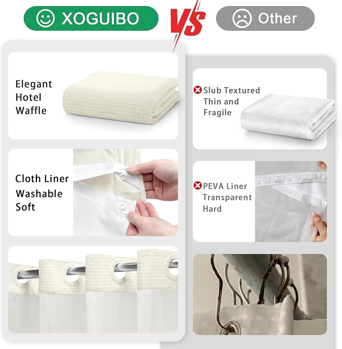 No Hook Shower Curtain and Liner Set,Cream Hotel Waffle Shower Curtain with Liner 81" L x 72" W