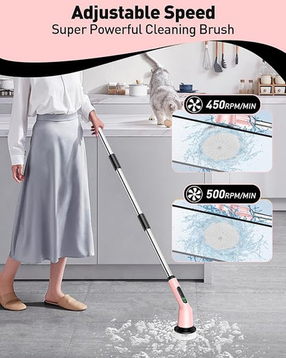 Electric Spin Scrubber for Bathroom, Shower Scrubber with Long Handle | Shower Cleaner Brushes, IPX7 Waterproof & 2 Speed, 8 Brush Heads, 90min Runtime, Bathroom Cleaning Supplies for Toilet Tub