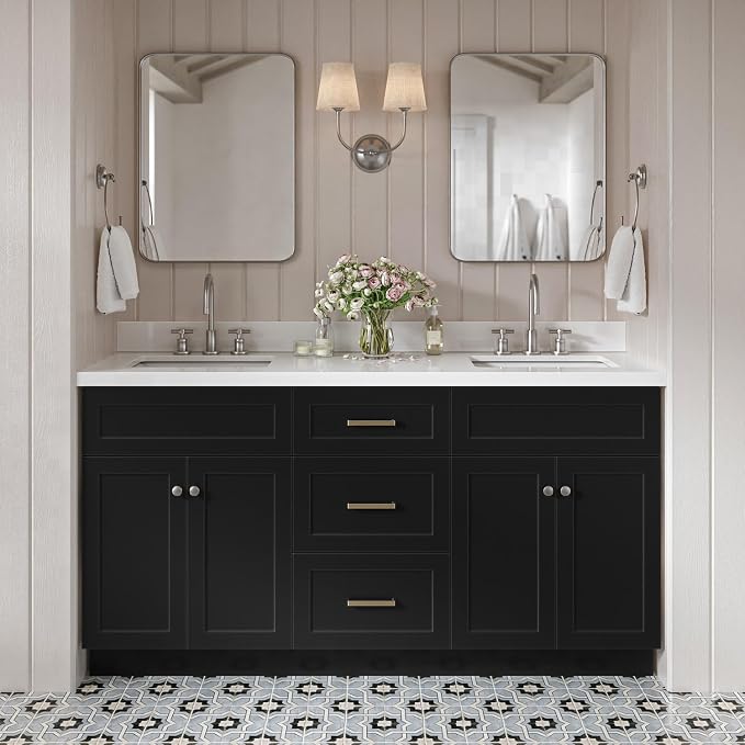 Bradford 66" Black Double Bathroom Vanity, 1.5" Edge Pure White Quartz Countertop, Rectangular Undermount Sinks, Soft Closing Doors & Dovetail Drawers, Brushed Nickel