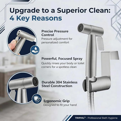 TRIPHIL Handheld Bidet Sprayer for Toilet, Adjustable Water Pressure Jet Bidet Attachment with Leak-Proof 304 Stainless Steel T-valve for Bathroom Cleaning, Cloth Diaper/Feminine Wash, Brushed Nickel
