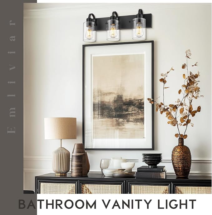 Emliviar 3-Light Bathroom Vanity Light Fixture, 21.9" Black Modern Wall Sconce with Clear Glass Shade, YCE237B-3W BK