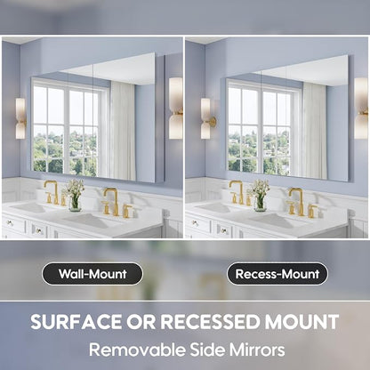 WELLFOR 60" x 36" Bathroom Medicine Cabinet with Mirror, Anodized Chrome Aluminum Frame, Surface Mount or Recessed Medicine Cabinet with Mirror, Bathroom Mirror with Storage, Three Doors