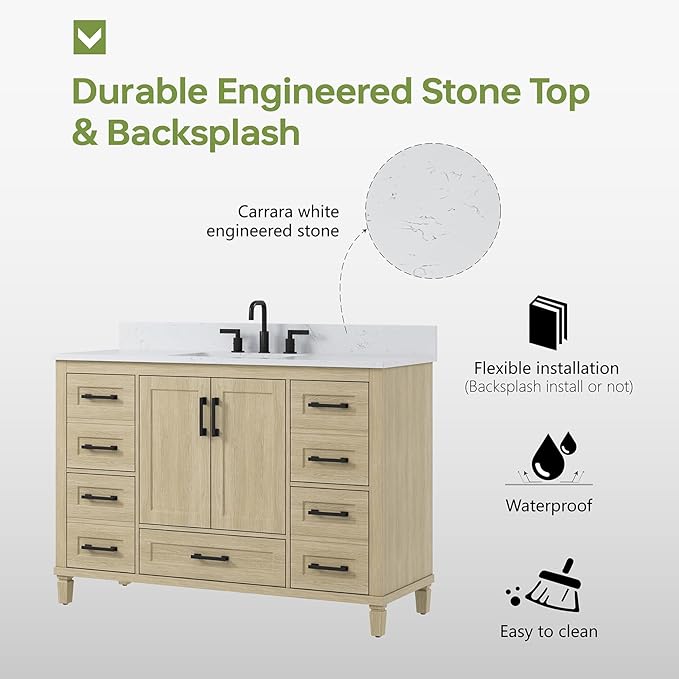 48-Inch Oak Bathroom Vanity with Sink, Fully Assembled Storage Cabinet Featuring 2 Soft-Close Doors & 5 Extendable Drawers, Carrara Engineered Stone Countertop, and Backsplash