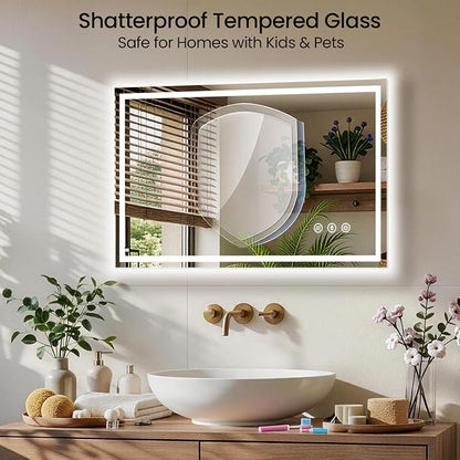 40x32 LED Bathroom Mirror with Anti-Fog, Backlit & Front Lit, Memory | Stepless Dimmable 3 Color CRI 95+ Shatterproof Tempered Glass ETL Listed for Safety Lighted Bathroom Vanity Mirror for Wall