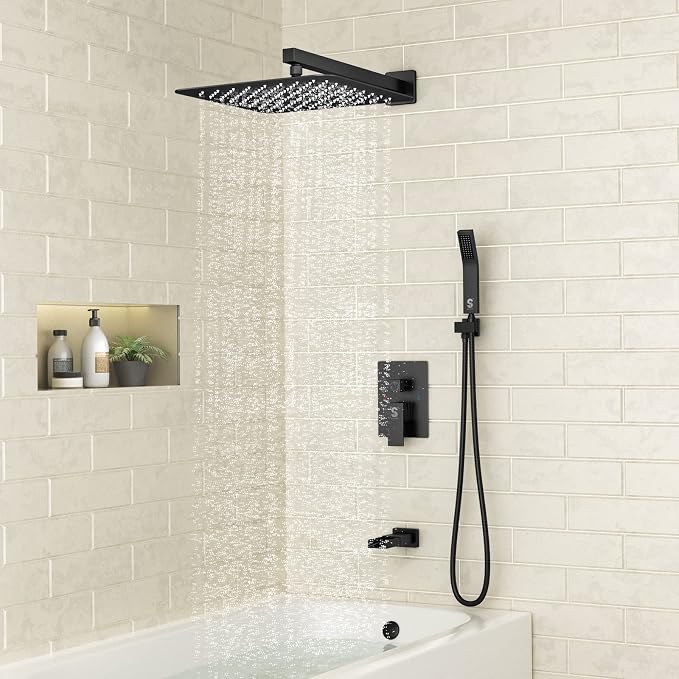 SR SUN RISE 16 Inch All Metal Square Shower System with Tub Spout, Tub Shower Faucet Set, High Pressure Rain Shower Head and Handheld Sprayer Shower Fixtues, Valve Included, Matte Black