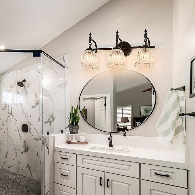 CVKASH 3-Light Bathroom Vanity Light Fixtures Over Mirror,Black Modern Vanity Light with Glass Shade Vintage Wall Sconce for Bedroom Dressing Room Living Room Hallway Cabinet