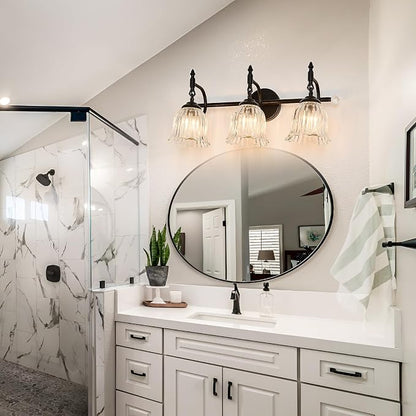 CVKASH 3-Light Bathroom Vanity Light Fixtures Over Mirror,Black Modern Vanity Light with Glass Shade Vintage Wall Sconce for Bedroom Dressing Room Living Room Hallway Cabinet