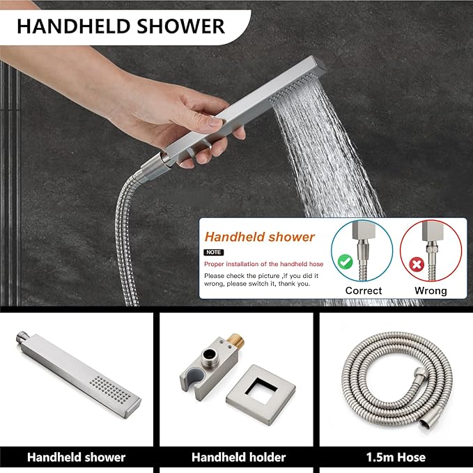 Midanya Shower Faucet Set,Wall Mount Shower System with Square Rain Shower Head and Hand Sprayer, Rough-in Valve Body and Trim Kit Included,12 Inch,Brushed Nickel
