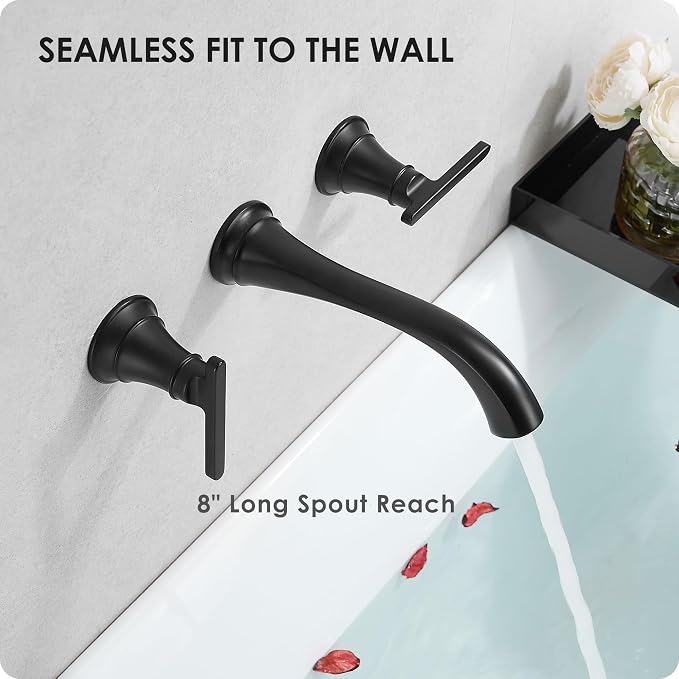 Brass Tub Filler Wall Mount 3 Hole, Farmhouse Black Tub Faucet, High Pressure 2 Handle Matte Black Bathtub Faucet Set with Long Spout Reach, Rough-in Valve