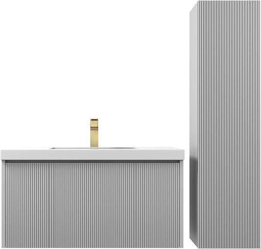Blossom 36 Inch Bathroom Vanity with Sink and Side Cabinet, All Wood Floating Bathroom Vanity with Acrylic Sink, Bathroom Sink Cabinet with Soft-Close Drawer, Modern Style Vanities, Light Grey