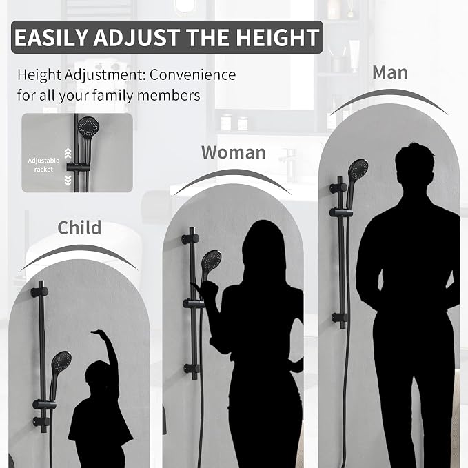 Taplong 26" Shower Slide Bar with 3-Spray Handheld Shower Head, Shower Faucets Sets Complete Wall Mount Shower Valve and Trim Kit with Long Hose and Height Adjustable Spray Holder, Matte Black,06161B