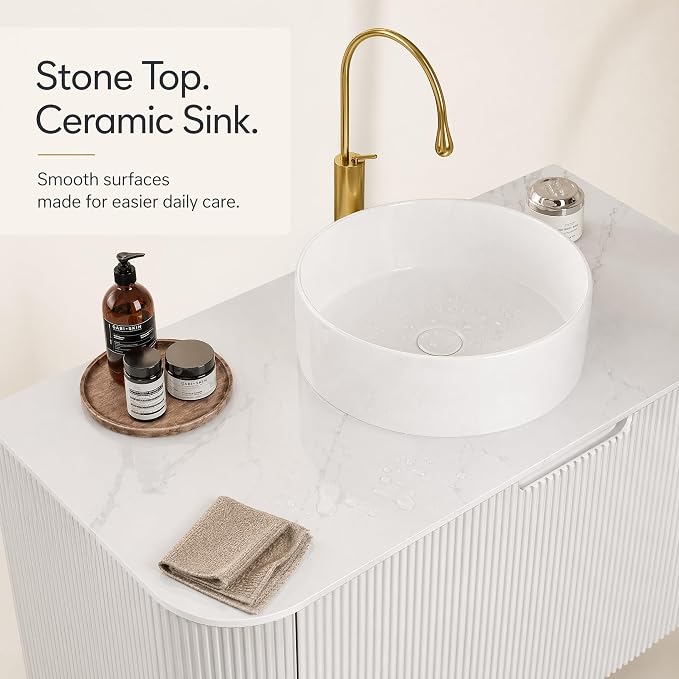 36 Inch Bathroom Vanity with Sink, Floating Wall Mounted Single Sink Vanity, White Curved Fluted Front, Stone Top, Pure White Round Vessel Basin, Pre-Assembled