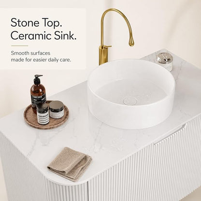 36 Inch Bathroom Vanity with Sink, Floating Wall Mounted Single Sink Vanity, White Curved Fluted Front, Stone Top, Pure White Round Vessel Basin, Pre-Assembled