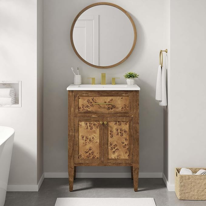 Modway Elysian 24" Burl Wood Bathroom Vanity in White Brown with Ceramic Sink Basin