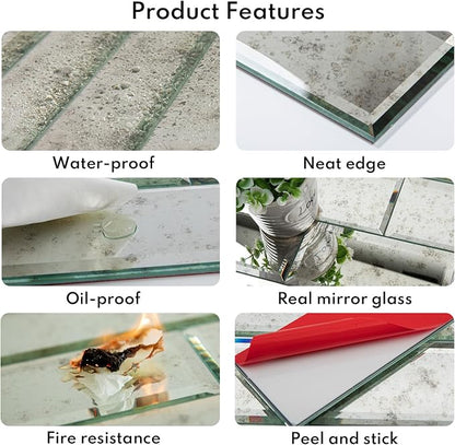 Peel and Stick Beveled Antique Mirror Tile Subway Mirror Glass Backsplash 3x6 Inch for Kitchen Bathroom Wall (40 Pcs, 5 SQ.FT.)