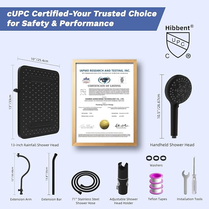 Hibbent Upgraded cUPC Certified 13'' Shower Head Combo, High Pressure 5 Spray Rainfall Showerhead with 10 Sprays Handheld, All Metal 3-way Diverter Shower Arm, 71'' Hose and Holder, Matte Black