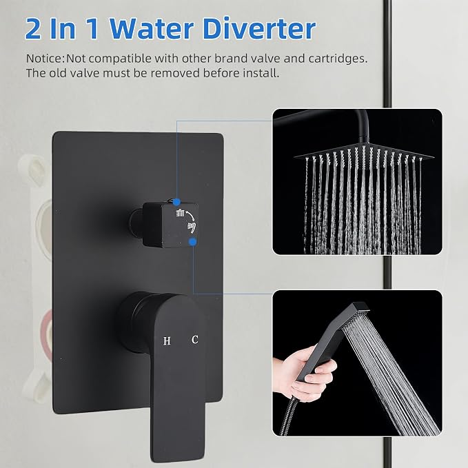 Shower Faucet Set With 8" Shower Head And Handheld Black | Wall Mounted Shower System Valve Include 2 Function