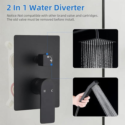 Shower Faucet Set With 8" Shower Head And Handheld Black | Wall Mounted Shower System Valve Include 2 Function