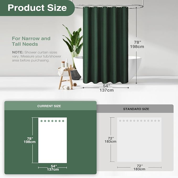 Stall Waffle Shower Curtain 256 GSM Heavy Fabric 54x78 Dark Green | 54 x 78 Inch Long, Thick Cloth, Weighted Hem, Water Repellent, Hotel Luxury Polyester Shower Curtains for Bathroom 10 Hooks