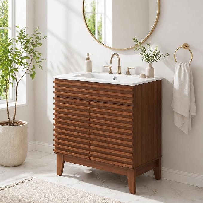 30 Inch Bathroom Vanity with Sink, Walnut Fluted Freestanding Bathroom Vanity Cabinet with Ceramic Sink Top, Solid Wood Legs, Soft Close Double Doors and Modern Storage Cabinet