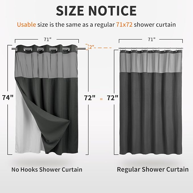 River Dream Waffle No Hook Shower Curtain with Liner,Graphite Grey,71x74 | Dotted Waffle,Snap-in Liner,Heavy Duty,Quick Dry,Mesh Top Window,With Bottom Magnets,Hotel-Grade,Washable,Standard Size