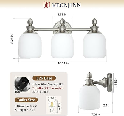 Keonjinn Brushed Nickel Bathroom Light Fixtures, 3-Light Vintage Vanity Lights for Mirror with Frosted Glass Shades, UL Listed E26 Base Reversible Vanity Lighting Fixtures for Wall(Bulbs Not Included)