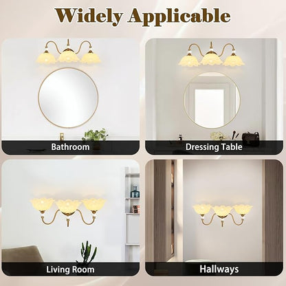 Vintage Bathroom Vanity Light, 3-Light Matte Brass Finish Vanity Light with Floral Yellow Glass Shades, Retro Wall Sconce for Bathroom, Dressing Table