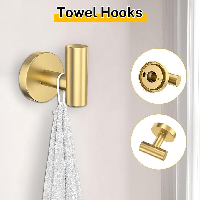 Brushed Gold Bathroom Hardware Set 5 Pieces Towel Bar Set Round Towel Holder Set for Bathroom,Upgraded Toilet Paper Holder with Shelf,Stainless Steel Wall Mounted 23.6 Inch
