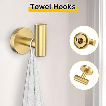Brushed Gold Bathroom Hardware Set 5 Pieces Towel Bar Set Round Towel Holder Set for Bathroom,Upgraded Toilet Paper Holder with Shelf,Stainless Steel Wall Mounted 23.6 Inch