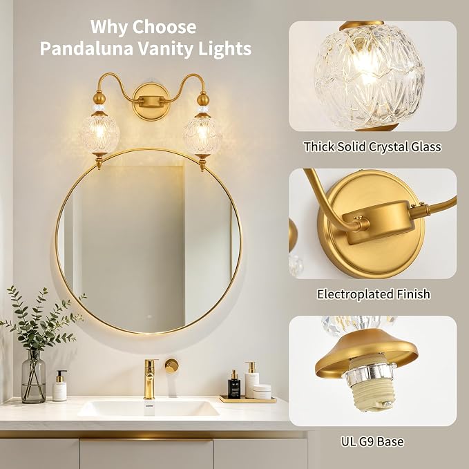 Vintage 2-Light Bathroom Vanity Light Over Mirror, Matte Brass | 17in Wide Farmhouse Bathroom Decor, Ribbed Glass Shades, G9 base, Wall Mounted, Mid Century Wall Sconces Vanity Lighting