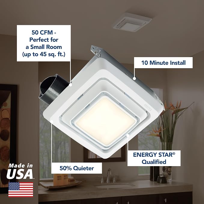 Broan-Nutone Bathroom Exhaust Fan, 50 CFM with LED Light, Louvered Grille, Energy Star Fan, 2.0 Sones
