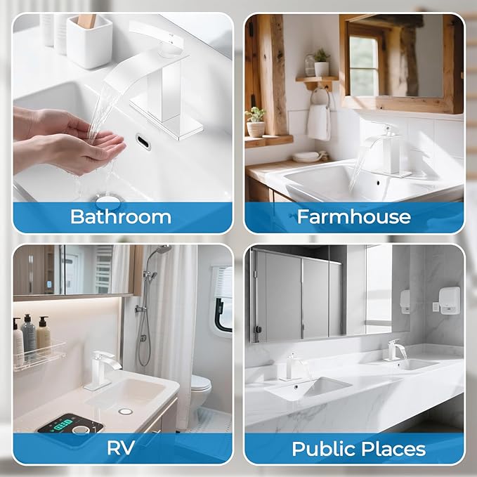White Bathroom Faucets, Waterfall Bathroom Sink Faucet Modern Single Handle Bathroom Faucte 1 or 3 Hole, RV Mixer Tap Vanity Faucet - Includes Pop-up Drain Supply Hoses Deck Plate