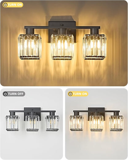3-Light Bathroom Light Fixtures, Modern Black Crystal Wall Light for Bathroom,Lighting Fixtures Over Mirror