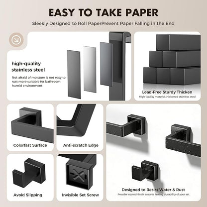 10-Pieces Matte Black Bathroom Accessories Set, 24 Inch Bath Towel Bar Set | Stainless Steel, Towel Ring, Toilet Paper Holder, Robe Hooks, Towel Racks for Bathroom Wall Mounted, Bathroom Hardware Set