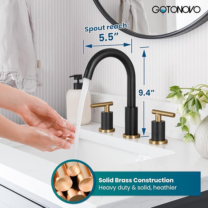 gotonovo 3 Hole 2 Handles Lavatory Basin Bathroom Sink Faucet with Pop Up Drain with Hot and Cold Mixer Valves 8 Inch Widespread Bathroom Faucet Black and Gold