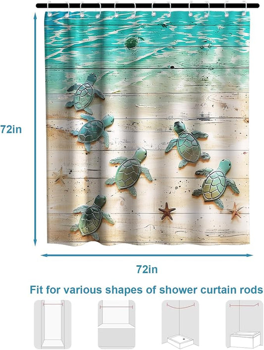 Green Beach Sea Turtle Shower Curtain Nautical Teal Theme Fabric Bathroom Blue Ocean Decor with Grommets and Hooks 72 x 72 Inch Blue