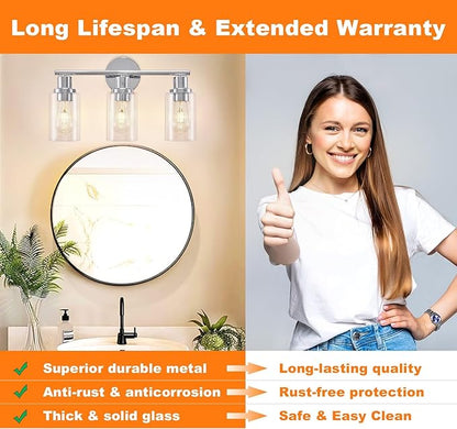 DLLT 3-Light Bathroom Light Fixtures: Chrome Modern Vanity Lights with Clear Glass Shade - Bathroom Wall Lamp for Mirror Kitchen Living Room - 2 Packs