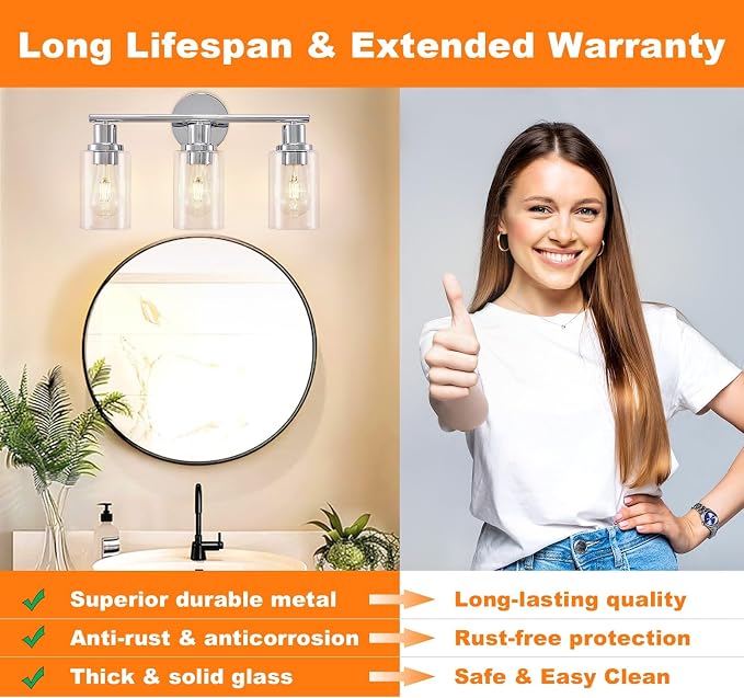 DLLT 3-Light Bathroom Light Fixtures: Chrome Modern Vanity Lights with 3 E26 Bulbs - Clear Glass Shade Bathroom Wall Lamp for Mirror Kitchen Living Room Hallway Cabinet Porch