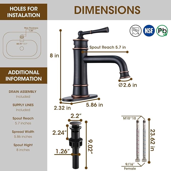 Oil Rubbed Bronze Bathroom Faucet Antique, Single Handle Bathroom Faucet | 1 or 3 Hole Sink Mount, Pop Up Drain & Supply Lines Included, Ideal for Vanity, Lavatory, RV, Farmhouse(L2301-ORB)
