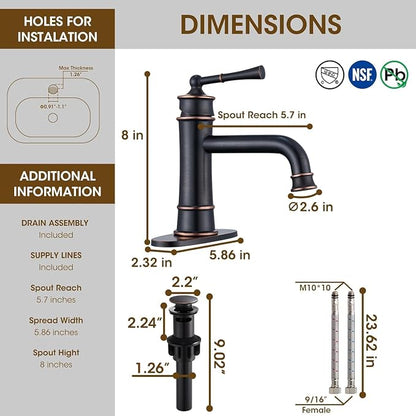 Oil Rubbed Bronze Bathroom Faucet Antique, Single Handle Bathroom Faucet | 1 or 3 Hole Sink Mount, Pop Up Drain & Supply Lines Included, Ideal for Vanity, Lavatory, RV, Farmhouse(L2301-ORB)