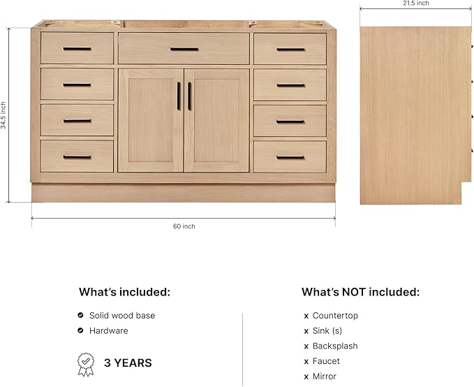 ARIEL Hepburn 60-inch Bathroom Vanity Base Cabinet,Solid Wood, 2 Soft Closing Doors, 9 Dovetail Drawers, White Oak