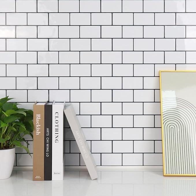 STICKGOO Subway Tile Peel and Stick Backsplash, Thicker Design 12" x 12" Stick on Backsplash Tiles for Kitchen, Bathroom, Wall Tile (10 Sheets, Cold White with Black Grout)