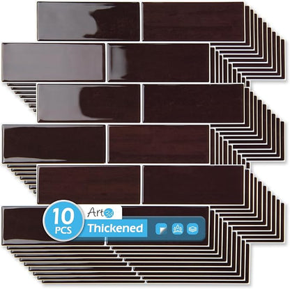 Art3d Peel and Stick Backsplash, Subway Wall Tile, 10-Pack, Dark Burgundy | 12 x 12 Inch, Water Resistant, Durable, Easy to Installation, Coastal Style, for Modern Home Decor, Kitchen, Home Improvement